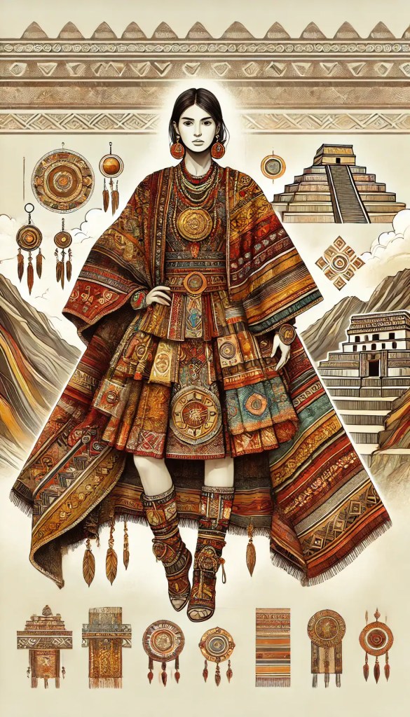 Barevné etnické šaty s tradičním zdobením, originální bižuterie a folklórní šperky, mexická kultovní móda, tradiční americká kultura, starověká civilizace, rozmanité vzory a ornamenty, folklórní přístupy, autentický oděv, bohatá historie, tradiční řemeslné techniky, archeologické památky, kulturní dědictví, moderní umělecká interpretace, originální textilní vzory, etnické inspirace, tradiční kroje, historické civilizace, archeologické artefakty, inspirace starověkými kulturami, tradiční řemeslná práce, cultural heritage, indigenous patterns, historical costumes.