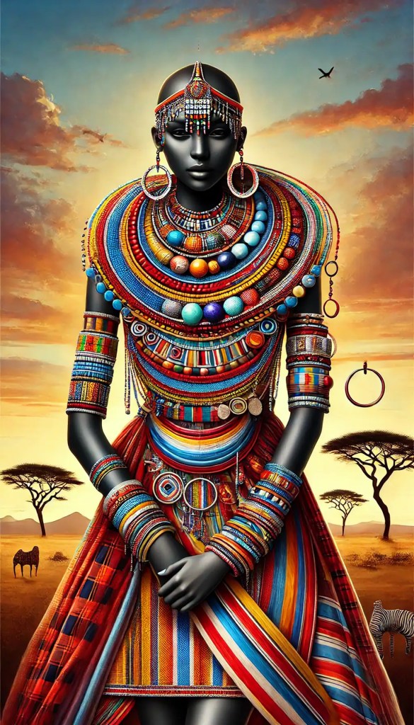 Barevná africká žena v tradičním šatu s bohatým šperkovým zdobením, multikolorové etnické oděvy a šperky, africká kultura, tradiční ornamenty, etnické oblečení a bižuterie, Africká móda, umělecké řemeslo.
