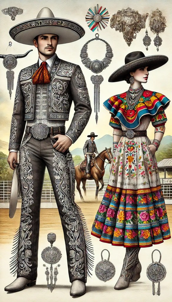 Luxusní mexické krojové oblečení s tradičními nálezy a módními doplňky, inspirované folklorem a kulturou Mexika, vhodné pro sběratele a milovníky etno stylu.