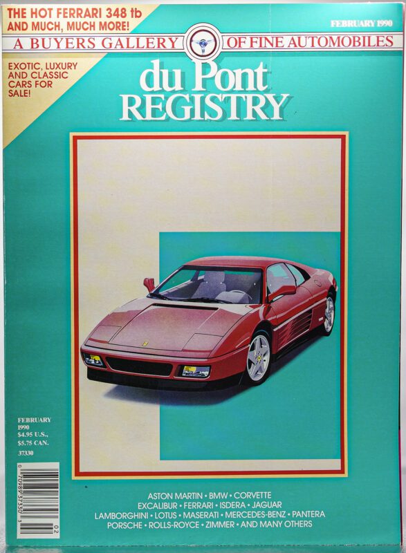 Cover of duPont REGISTRY magazine, February 1990 issue, featuring a red Ferrari sports car as one of the Cover Cars, with a list of luxury car brands along the bottom.