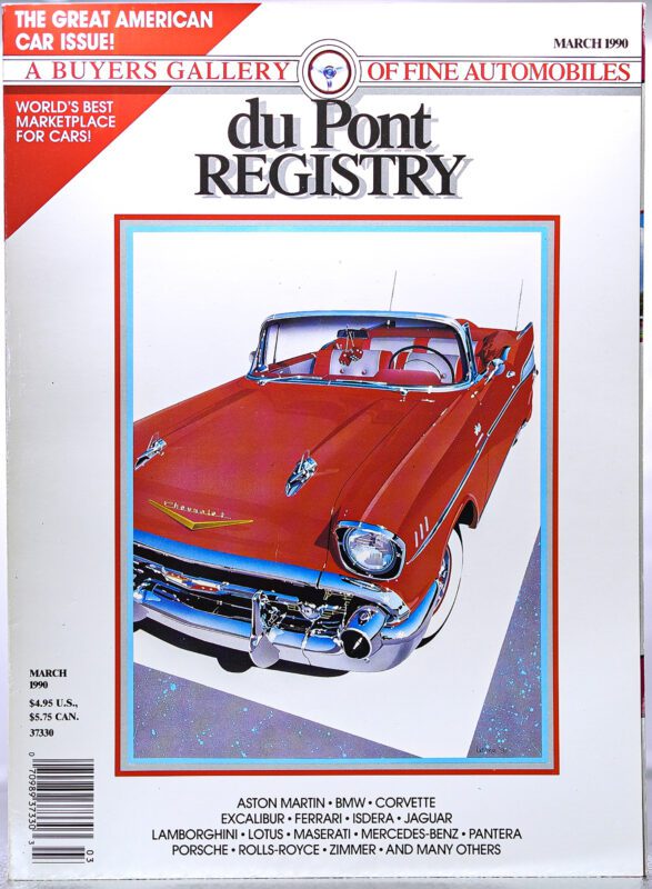 Cover of the March 1990 duPont REGISTRY magazine featuring a red classic convertible car on a white background with blue and red borders, celebrating iconic Cover Cars for the 40th Anniversary edition.