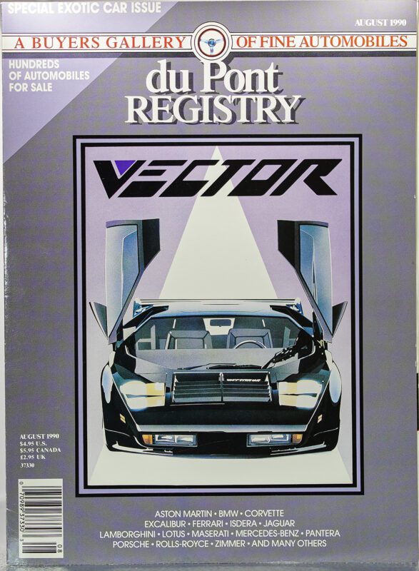 Cover of the August 1990 duPont REGISTRY magazine featuring a black Vector supercar with its doors open, under the headline "SPECIAL EXOTIC CAR ISSUE"—a standout among classic Cover Cars as the brand approaches its 40th Anniversary.