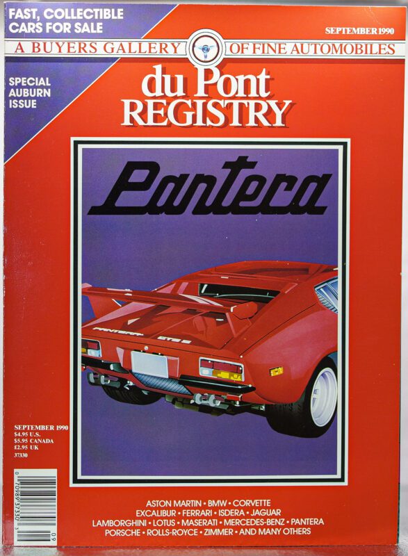 Cover of the September 1990 duPont REGISTRY magazine featuring a red De Tomaso Pantera sports car—a true Cover Car—plus a list of luxury car brands along the bottom.