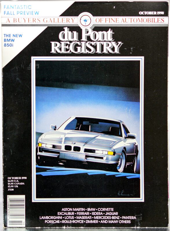Cover of the October 1990 duPont REGISTRY magazine featuring a striking illustration of a BMW 850i, with Cover Cars and a list of luxury car brands highlighted at the bottom.