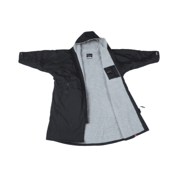 a black dryrobe with a grey fleece lining