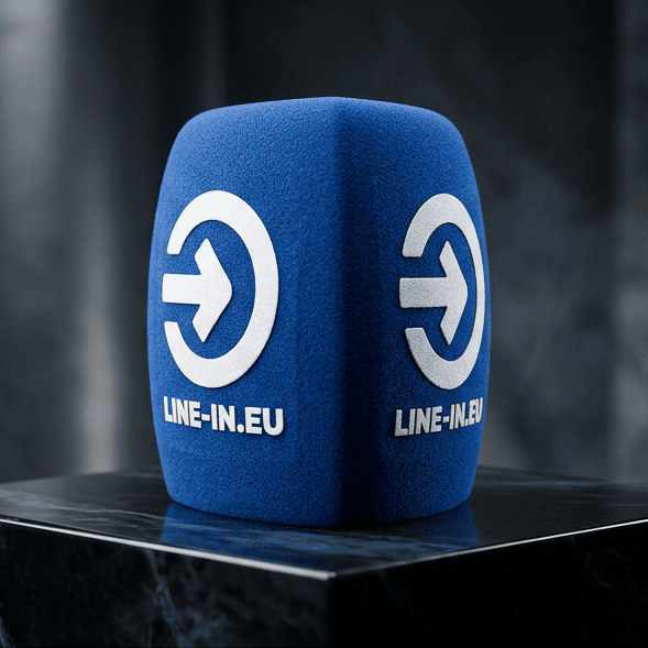 Branded standard handheld windshield with LINE-IN.EU logo, blue foam mic cover, front and side view