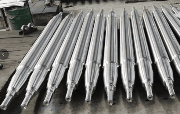Long cylindrical furnace rolls with tapered end transitions and projecting shafts