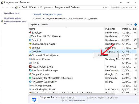 Uninstall Dropbox
