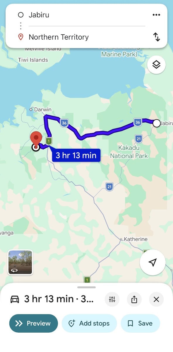 Map showing driving time between Kakadu and Litchfield National Park, to optimize a half-day itinerary