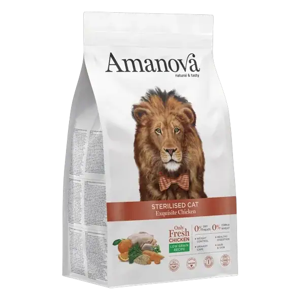 Comida húmeda Amanova para gatos esterilizados de pollo, natural y sin cereales