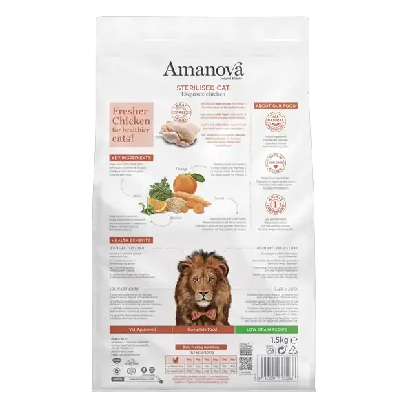 Comida húmeda Amanova para gatos esterilizados de pollo, natural y sin cereales