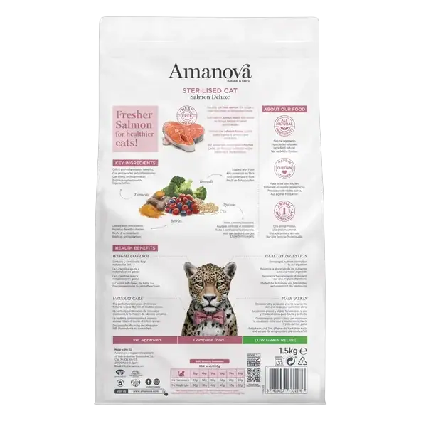 Comida húmeda Amanova para gatos esterilizados de salmón, natural y sin cereales
