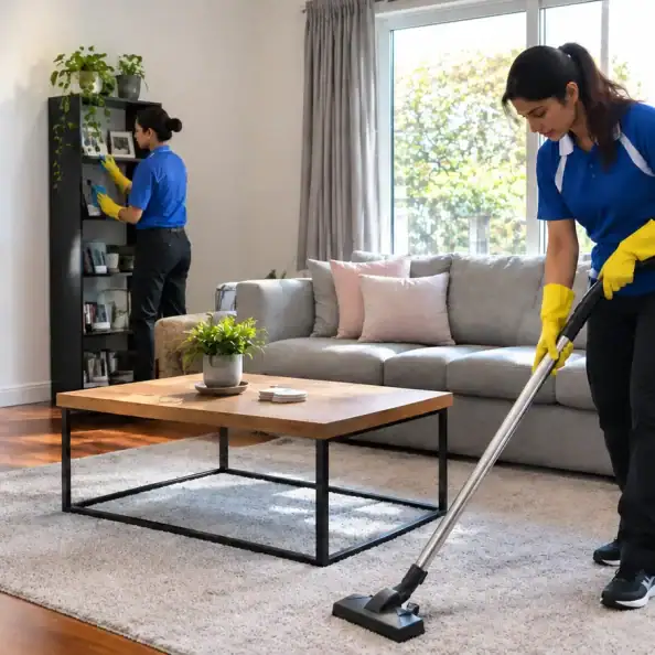 Professional house cleaning Sydney team in blue uniforms vacuuming carpet, wiping TV stand, and dusting shelves in a modern living room.