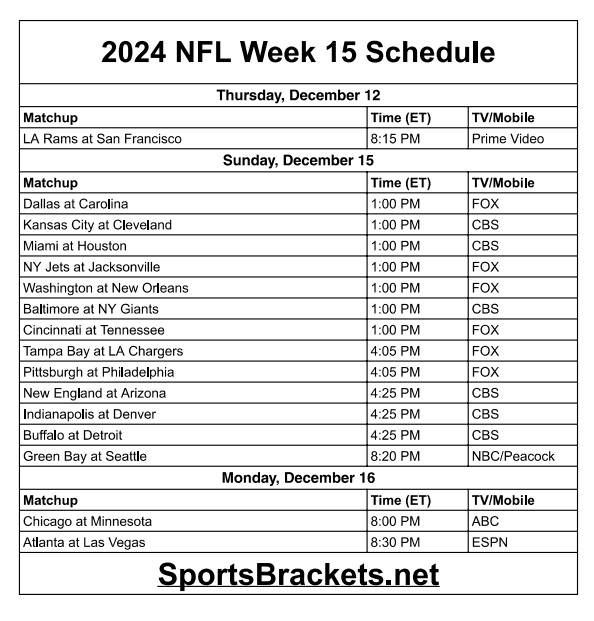 Printable 2024 NFL Week 15 Schedule