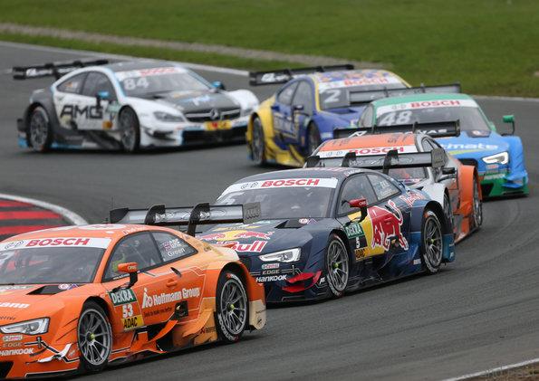 Hoffmann Group Audi RS 5 DTM #53 (Audi Sport Team Rosberg), Jamie Green; Red Bull Audi RS 5 DTM #5 (Audi Sport Team Abt Sportsline), Mattias Ekström