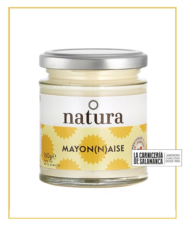 Tarro de mayonesa Natura 100% natural de 160g, envasado en cristal, disponible en La Carnicería de Salamanca