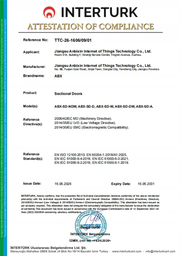 CE Certificate of Compliance for ABX industrial sectional doors, meeting strict European safety and performance standards.