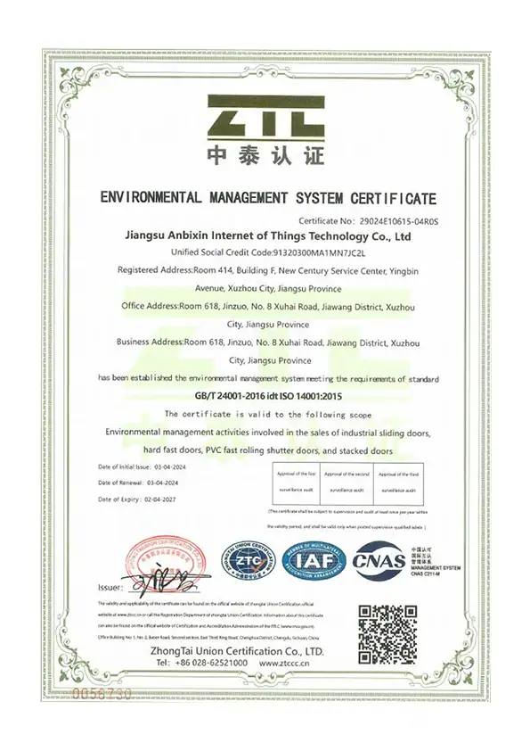 ISO 14001 Environmental Management System certificate, demonstrating ABX's commitment to sustainable and eco-friendly production.