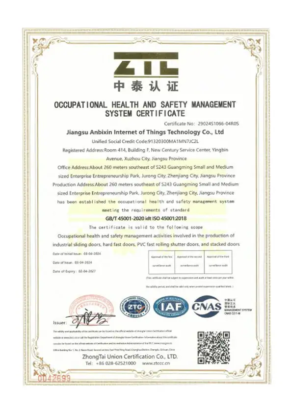 ISO 45001 Occupational Health and Safety certificate for ABX industrial door production facilities.