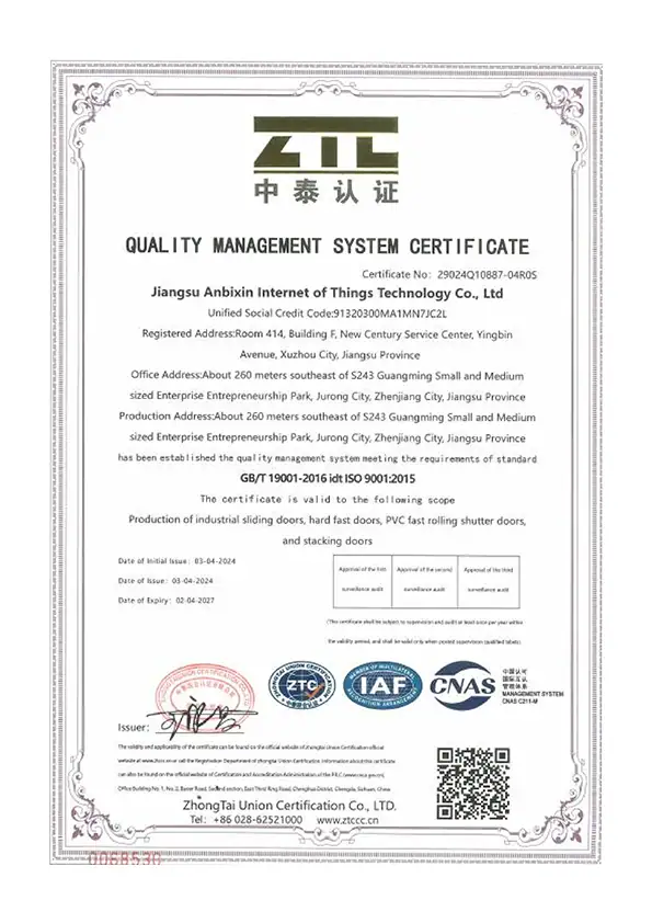 ISO 9001 Quality Management System certificate awarded to ABX Doors for excellence in industrial door manufacturing.