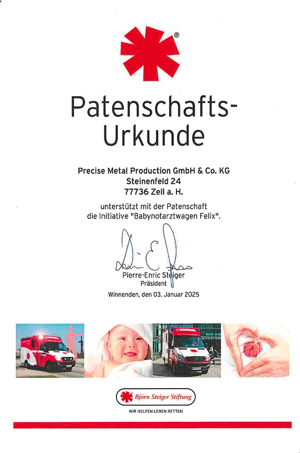 Precise Metal Production GmbH & Co. KG | PMP unterstützt 2026 erneut mit der Patenschaft „Babynotarztwagen Felix“