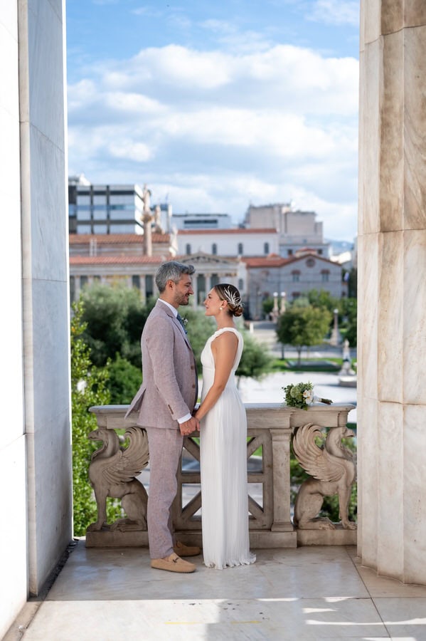 Romantic couple moment in Athens after civil wedding