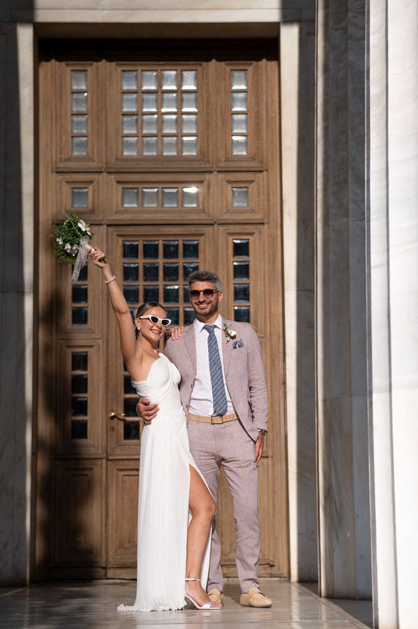 Romantic couple moment in Athens after civil wedding