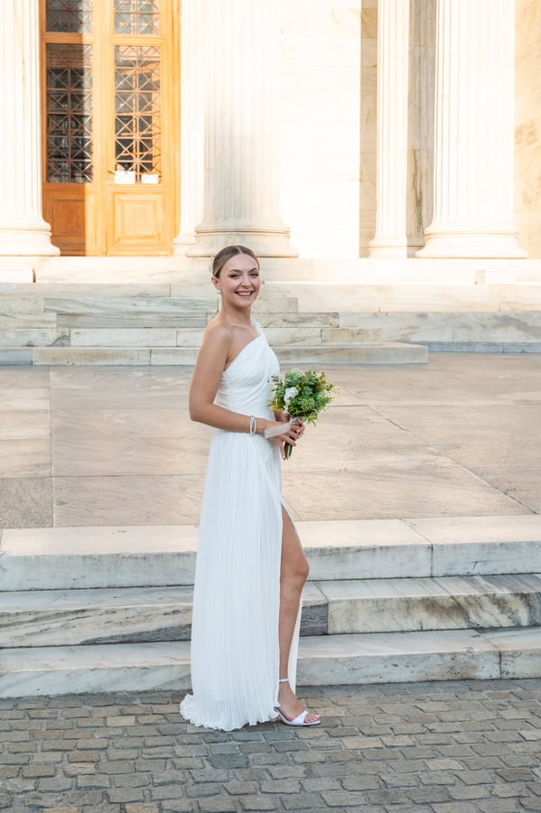 Stylish bride and groom in Athens architecture