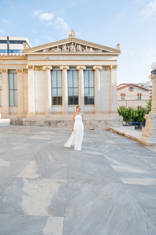 Stylish bride and groom in Athens architecture