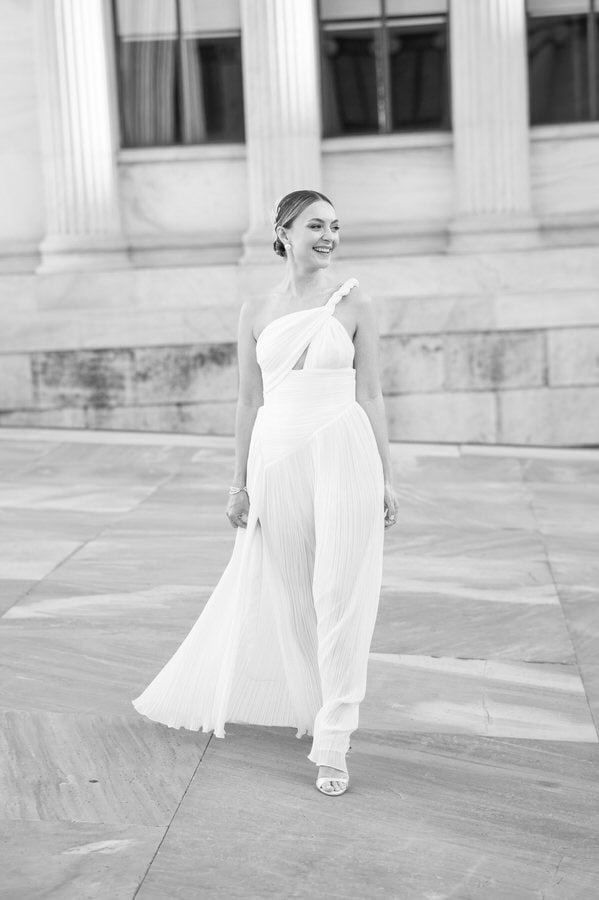 Stylish bride and groom in Athens architecture