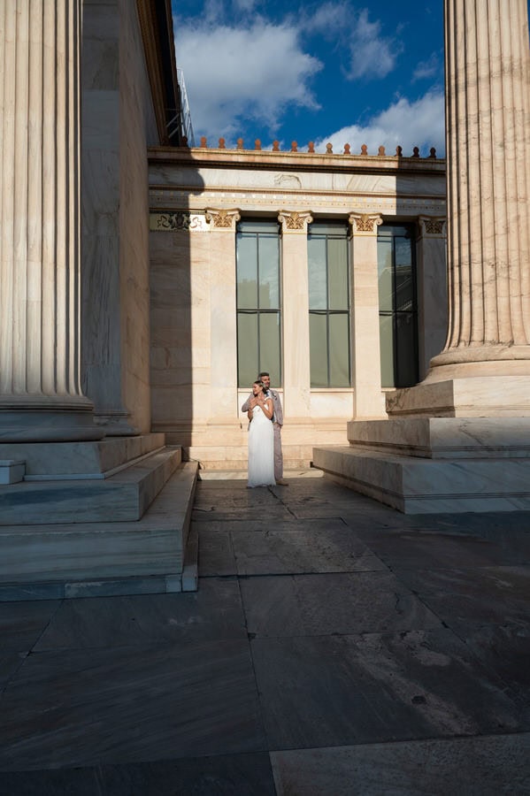 Stylish bride and groom in Athens architecture