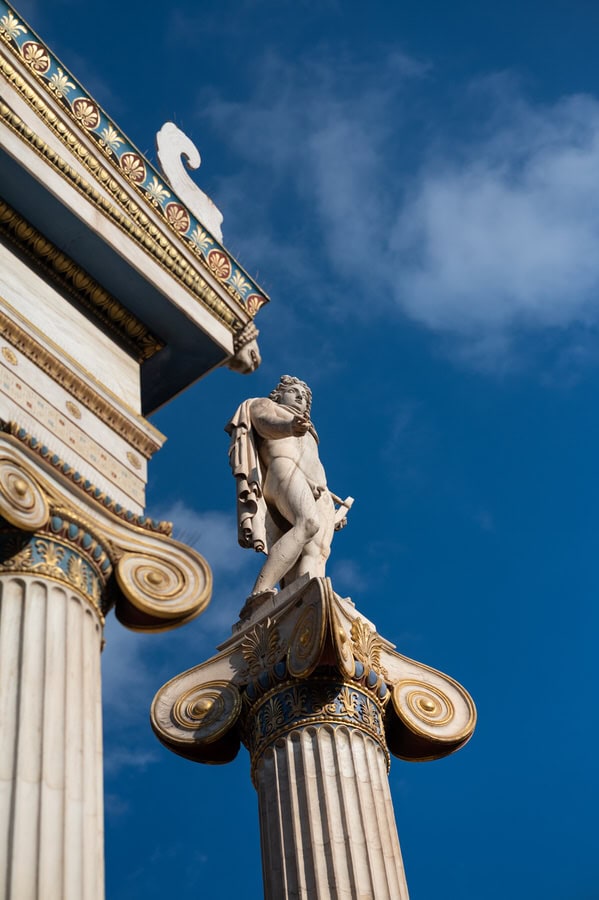 Stylish bride and groom in Athens architecture