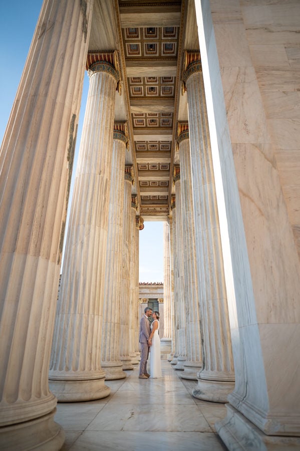 Stylish bride and groom in Athens architecture