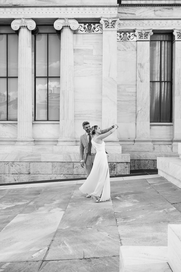 Stylish bride and groom in Athens architecture