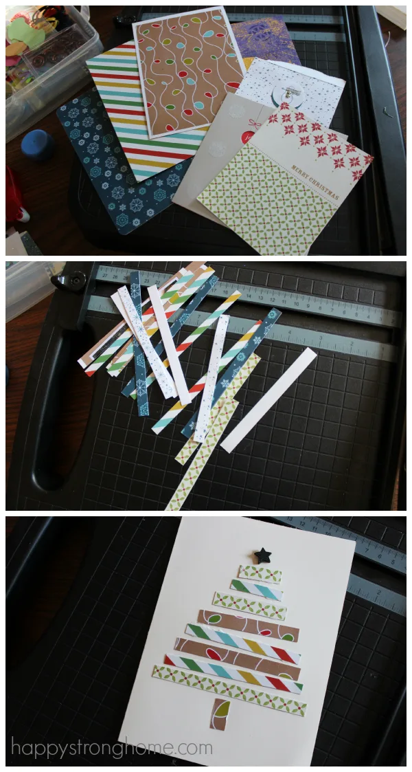 Collage with stack of cards at top, cut paper pieces at center, and fnished card at bottom. Upcycled christmas cards