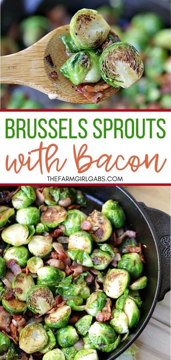 Pan-Seared Brussels Sprouts With Bacon is a super easy side dish ready in 30 minutes flat! These sauteed brussels sprouts are crispy and full of delicious bacon.  This easy brussels sprouts recipe is an easy holiday side dish too. No one will complain about eating their vegetables!