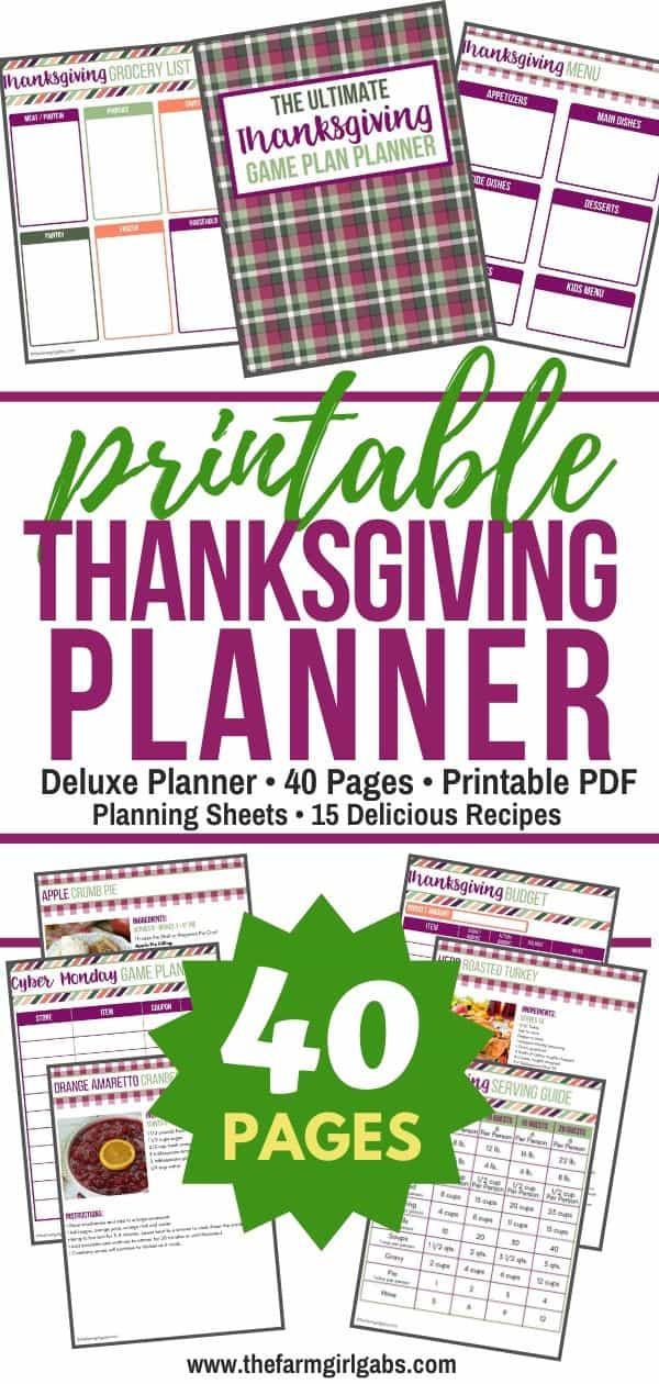 Make your Thanksgiving holiday stress-free this year. This Thanksgiving Game Plan planner is a 40-page collection of helpful printables and Thanksgiving recipes that will keep you organized and allow you to spend more time with family and guests. This printable planner is everything you need to plan out your menu, grocery list, cleaning schedule, chores, and even plan for Black Friday and Cyber Monday shopping! #thanksgivingplanner #Thanksgivingrecipe #planner #thanksgivingdinner #mealplanning