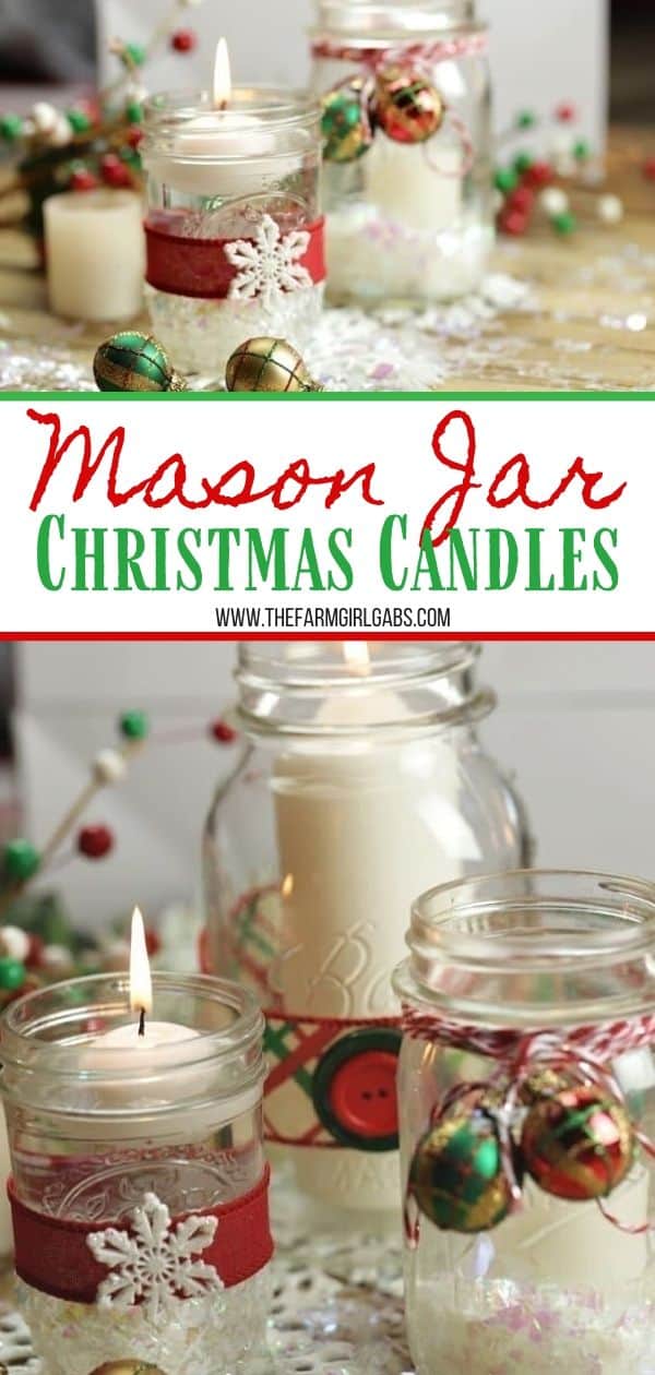 Mason Jar crafts are easy and affordable! Create a welcoming tablescape this Christmas with these pretty Mason Jar Christmas Candles. This DIY Christmas craft is super easy to create too. #masonjarcraft #ChristmasCraft