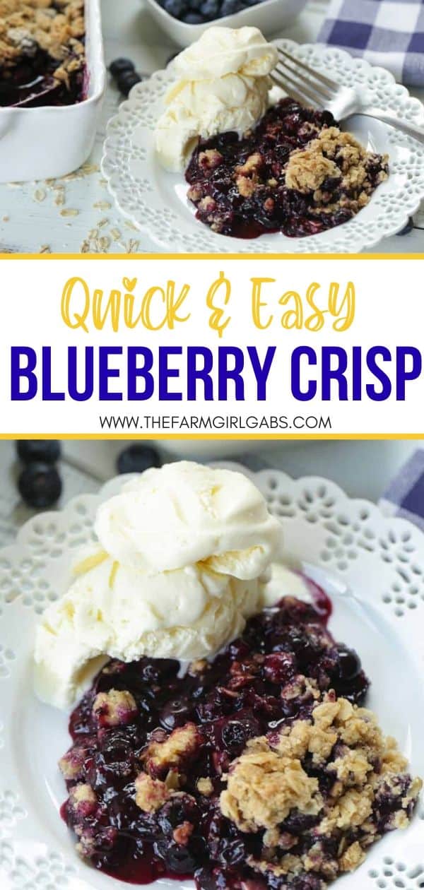 It's blueberry season! This easy blueberry crisp recipe it the perfect way to celebrate. This fruit crisp is a super simple summer dessert and perfect with a dollop of ice cream. This recipe is one of our favorite summer desserts. You family will love this quick and easy fruit crisp recipe. #blueberrycrisp #blueberryrecipe #summerdessert