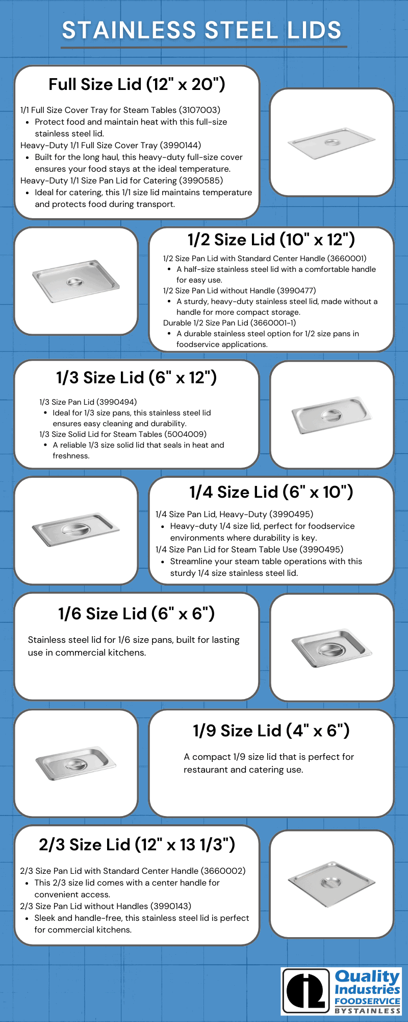 Quality Industries 1/1 Full Size Stainless Steel Cover Tray for Steam Tables