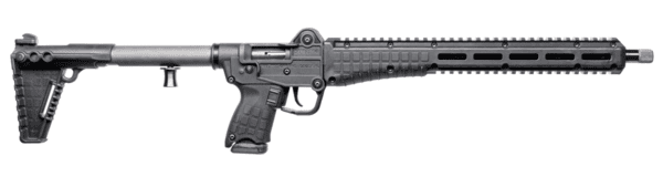 Black AR-style rifle with adjustable collapsible stock, pistol grip, and long quad-rail handguard.