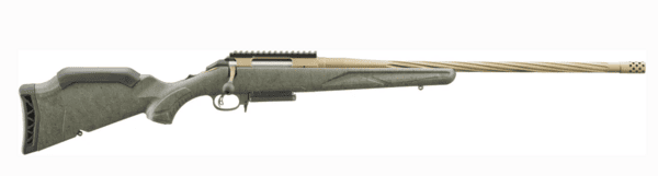 Bolt-action hunting rifle with olive-green stock and a fluted gold barrel, shown from the side.