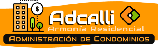 adcalli administración de condominios, edificio y logo con fondo de una onda naranja