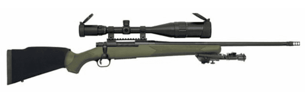 Long sniper rifle with a green stock and a large scope mounted on top.