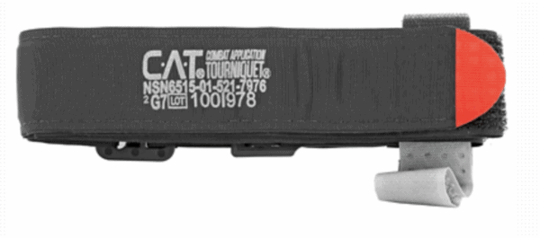 Combat Application Tourniquet (CAT) with black strap and red tip