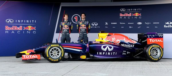 Red Bull drivers Daniel Ricciardo (right) and Sebastian Vettel, during the launch of the RB10 2014 Formula 1 car, during the 2014 Formula One Testing at the Circuito de Jerez, Jerez, Spain. PRESS ASSOCIATION Photo. Picture date: Tuesday January 28, 2014. Photo credit should read: Martin Rickett/PA Wire. RESTRICTIONS: Use subject to restrictions. Editorial use in print media and internet only. No mobile or TV. Commercial use with prior consent. Call +44 (0)1158 447447 for further information.