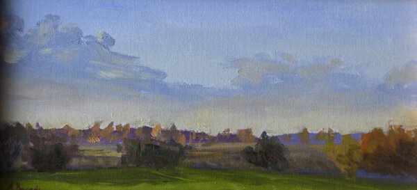 Original autumn landscape oil painting with distant hills and soft evening light by Andrea Bocedi.