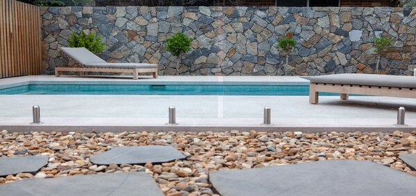 Swimming pool project, featured wall with eyre cladding, bluestone steppers, glass mosaics