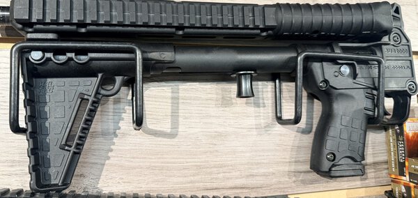 Close-up of a black AR-style rifle with a Picatinny handguard, pistol grip, and a magazine loaded with rounds visible at the right.