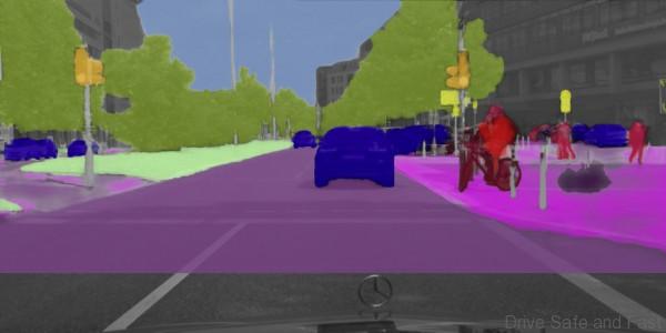 Assistenzsysteme für die Stadt: Gefahren sehen und erkennen wie der Mensch - Eine Verkehrssituation mit Fußgängern, Radfahrern und alle Objekte sind eindeutig detektiert und erkannt. Dank Szenen-Labeling. Driver assistance systems for the city: seeing and recognising dangers in the same way as a human - A traffic situation with pedestrians and cyclists and every object is clearly detected and identified. Thanks to scene-labeling.
